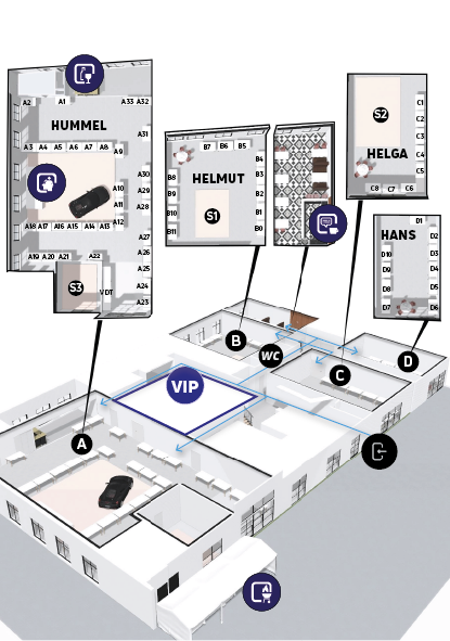 Hallenplan mit Bereichen A–D (HUMMEL, HELMUT, HELGA, HANS) und Wegführung